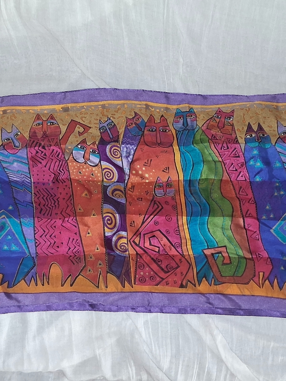 Laurel Burch Multicolor Cat Motif Silk Scarf